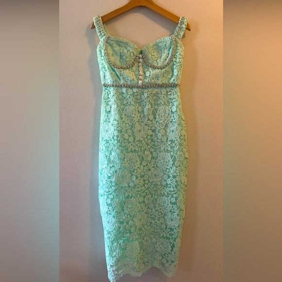 Self Portrait Green Cord Lace Diamante Midi Dress - Picture 2 of 3